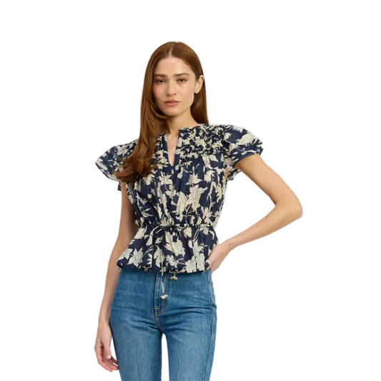 Peasant Peplum Blouse- Navy/Ivory
