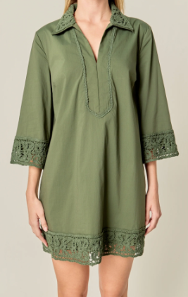 Collared 3/4 Sleeve Tunic- Olive