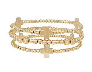 Three Row Cross and Ball Bracelet- Gold