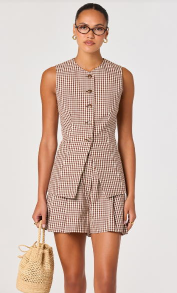 Karan Button Front Vest- Brown Checker