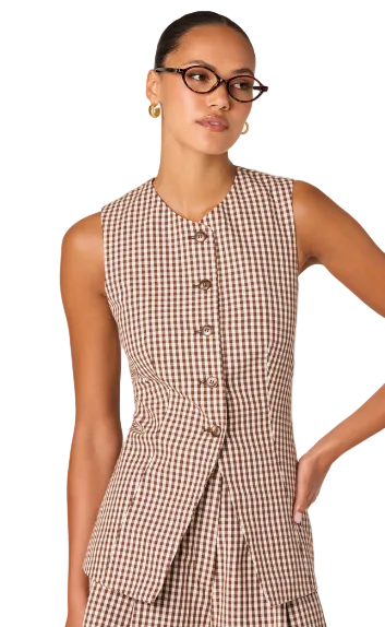 Karan Button Front Vest- Brown Checker