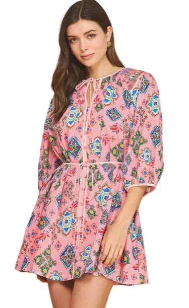 Printed Button Down Mini Dress- Pink