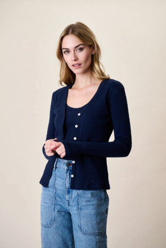 Pointelle Cardigan- Navy