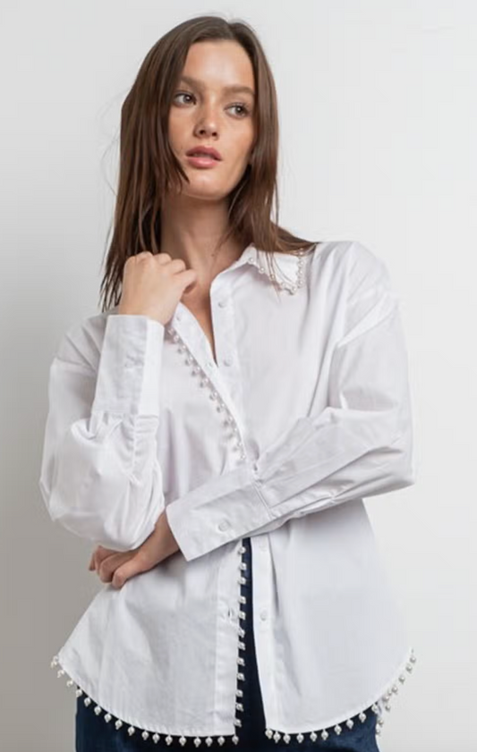 Pearl Button Up Shirt- White