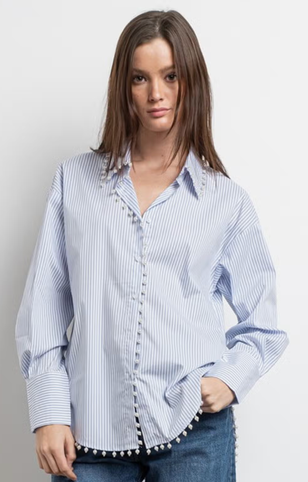 Pearl Button Up Shirt- Light Blue Stripe