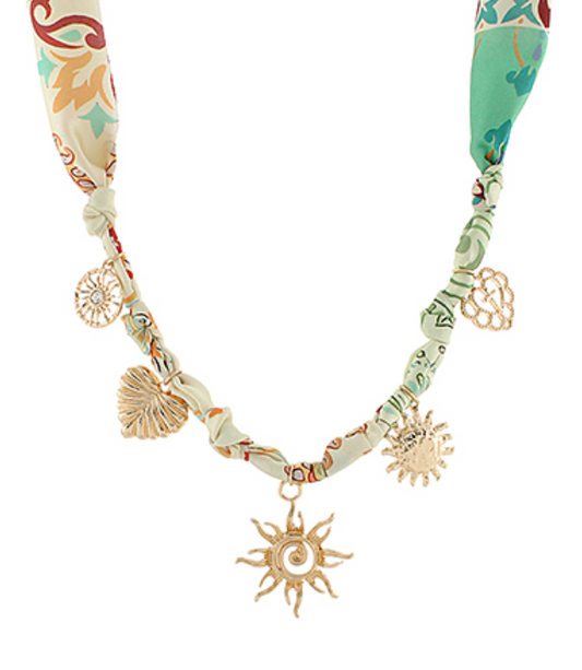 Patterned Scarf with Charms Necklace-Green