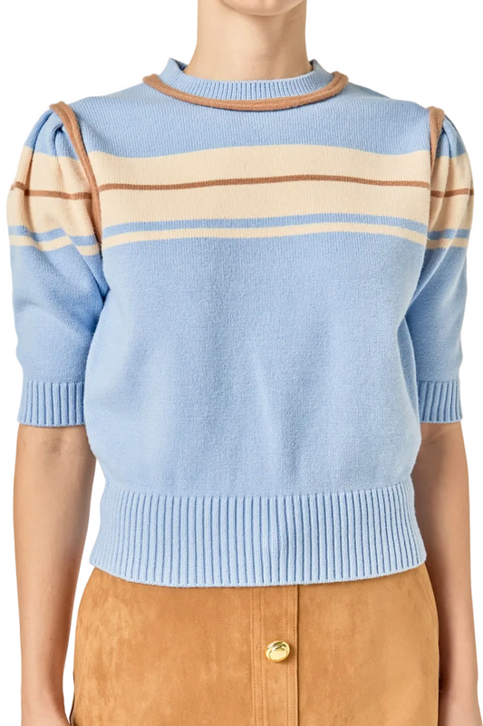Striped Short Puff Sleeve Shirt- Powder Blue