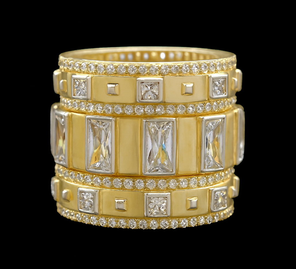 Gold Baguette Stone Rings- Set of Three