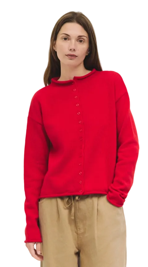 Marlo Rolled Crewneck Button Down Cardigan- Red
