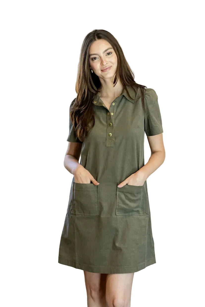 Corduroy Short Sleeve Dress- Olive