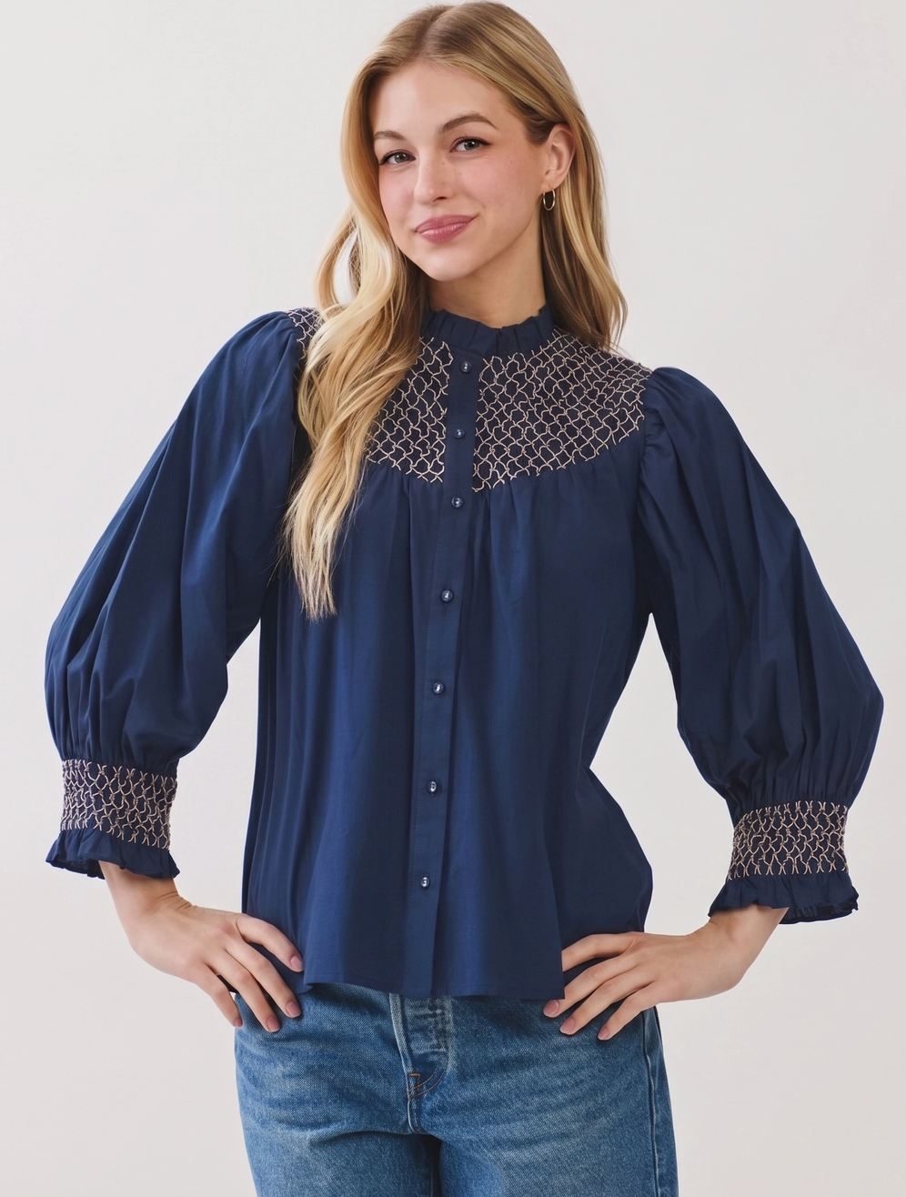 Smocked Button Down Top- Navy