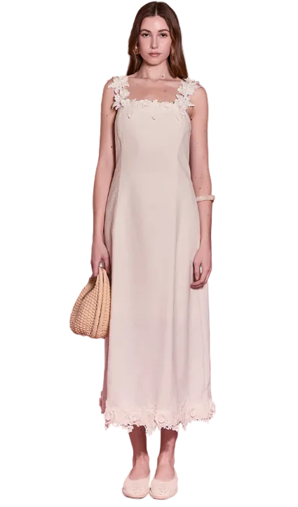 Floral Strap Linen Midi Dress- Cream