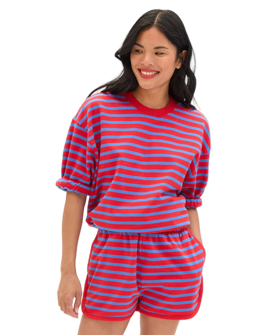 Short Sleeve Oversized Sweatshirt- Striped Red/Cobalt