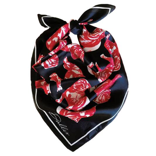 Sic ’Em Gameday Scarf — 100% silk square scarf in black with red & black Georgia Bulldogs colors, front view.
