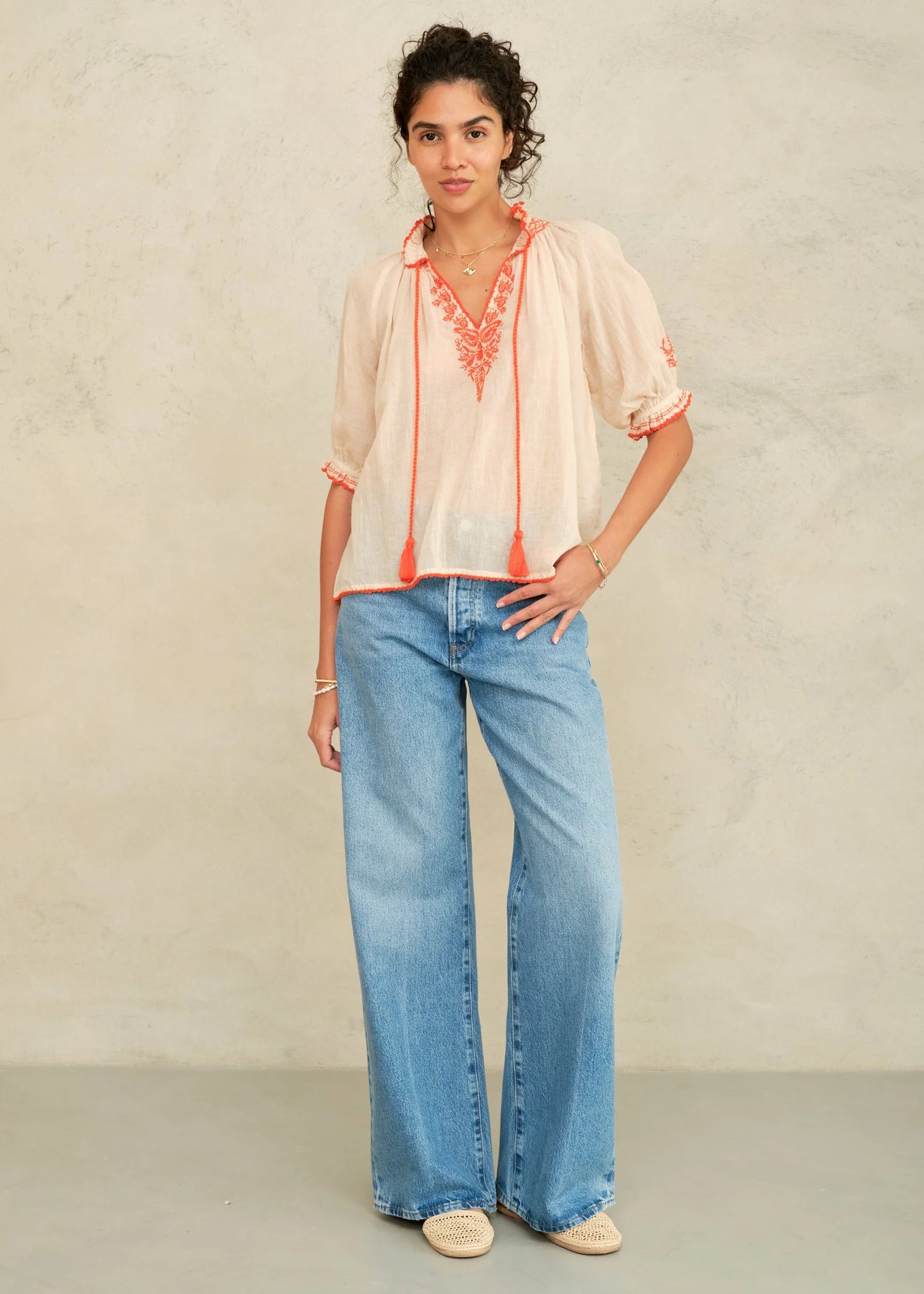 Talia Embroidered Top- Beige/Orange