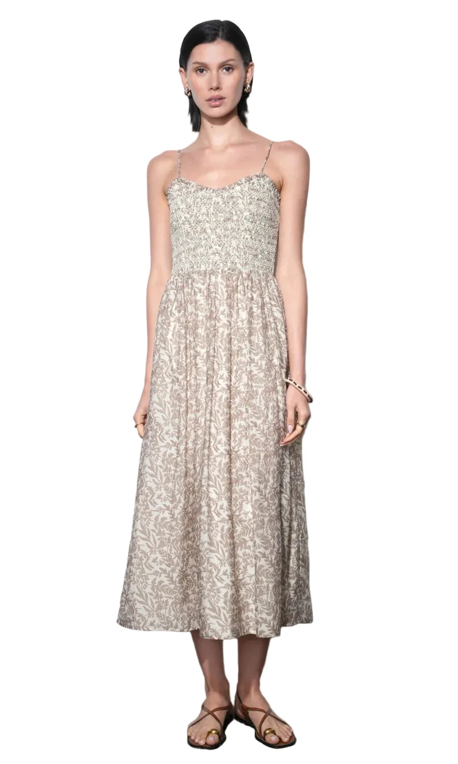 Valarie Smocked Midi Dress- Taupe