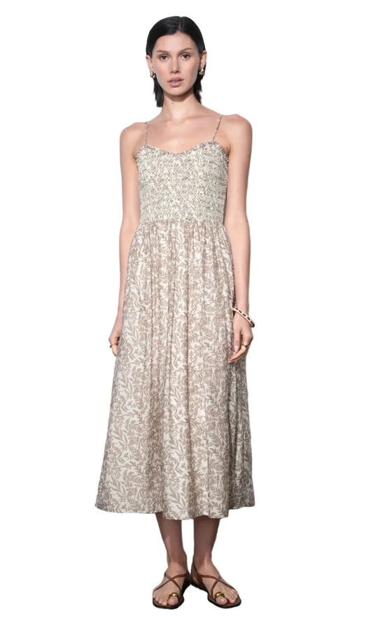 Valarie Smocked Midi Dress- Taupe