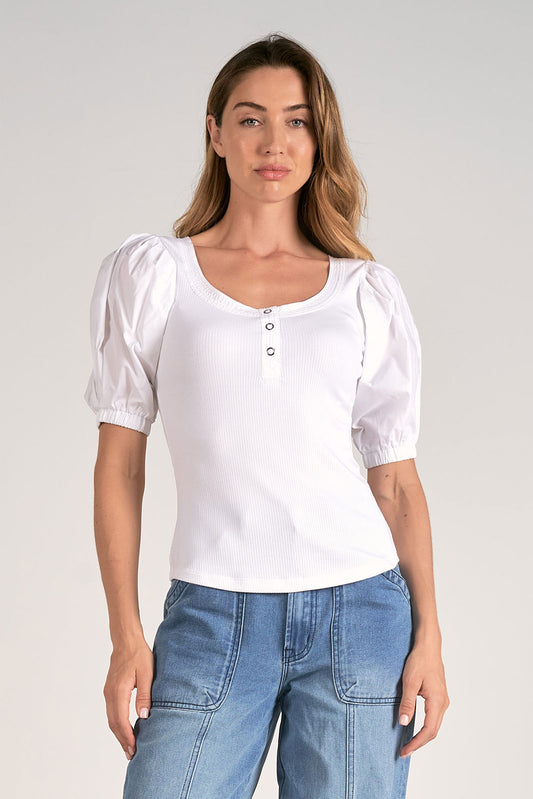 Snap Front Ribbed Tee With Puff Sleeve- White