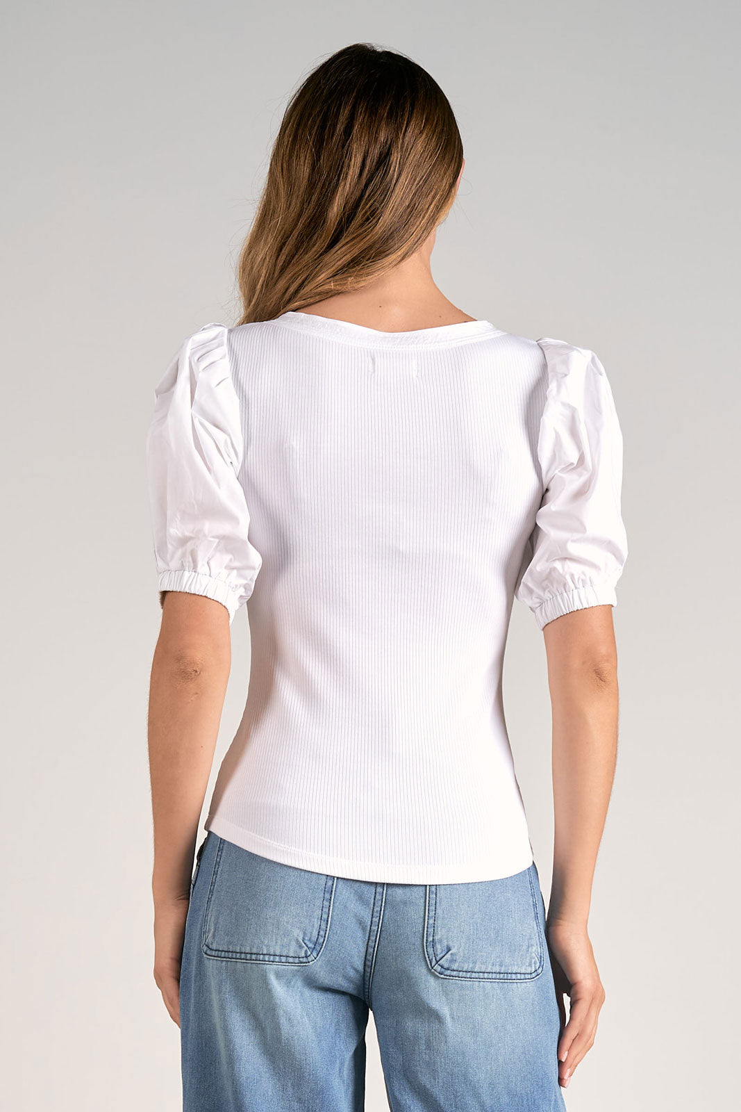Snap Front Ribbed Tee With Puff Sleeve- White