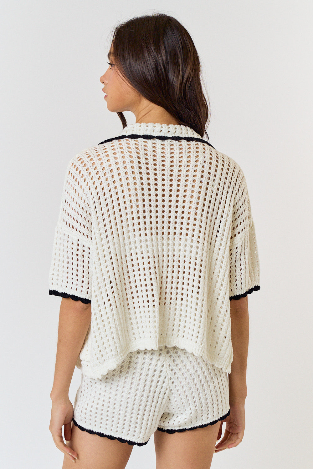 Crochet Scallop Trim Button Down Top