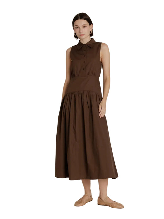 Curved Yoke Midi Dress- Brown