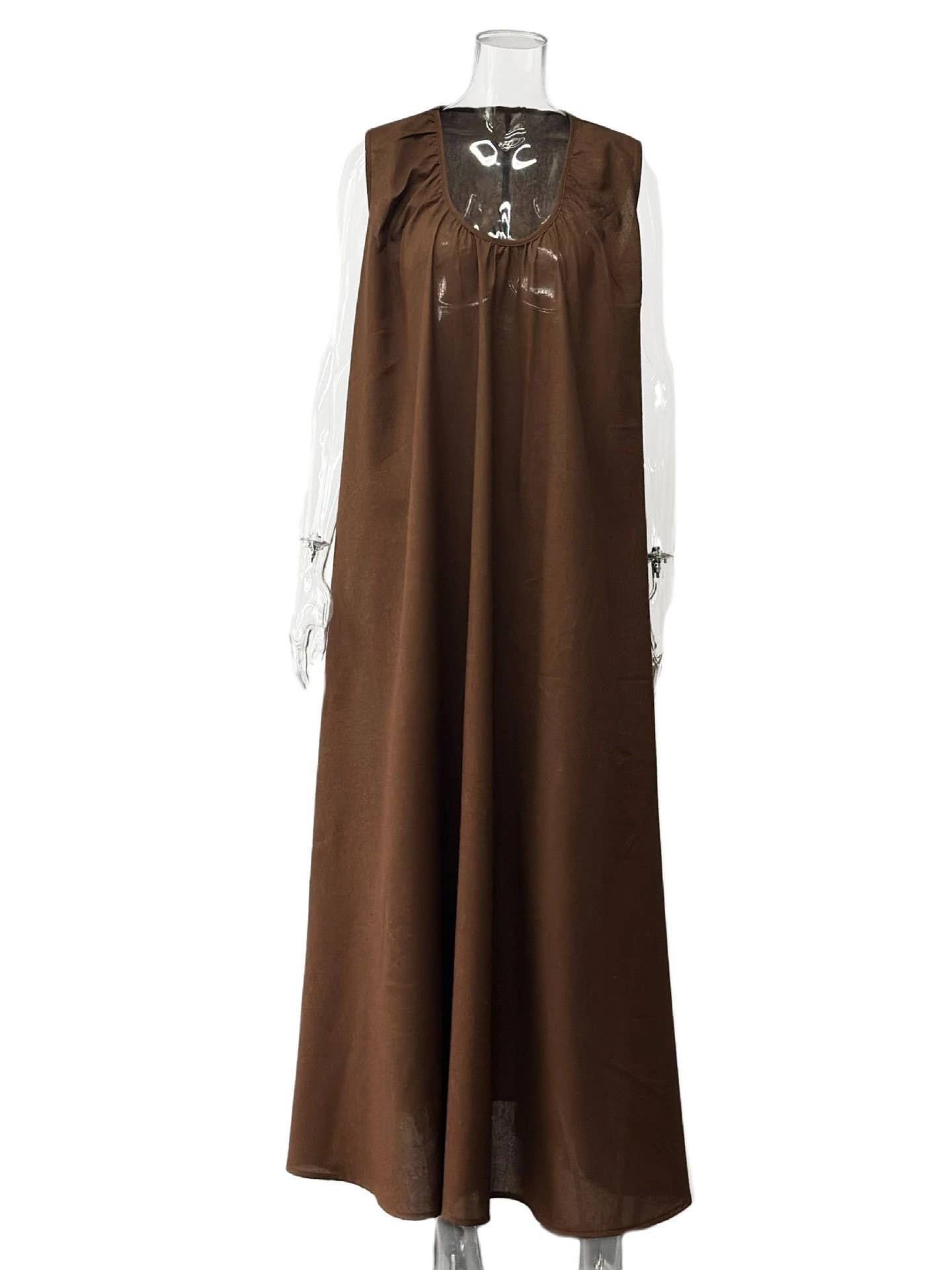 Seaside Vacation Sleeveless U-Neck Maxi Dress-Brown