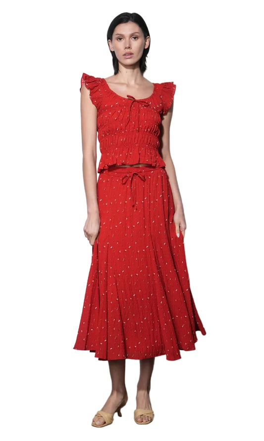 Sadue Godet Midi Skirt-Red