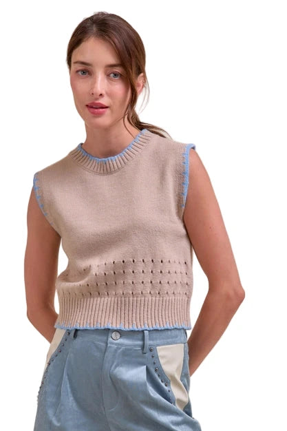 Whipstitch Knit Top- Beige Blue