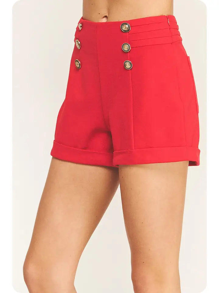 Button Front Ponte Short- Red