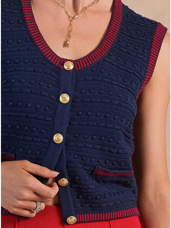 Scoop Neck Sweater Vest- Navy/red