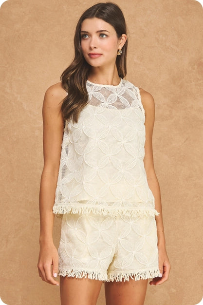 Fringe Hem crochet Top- Ecru