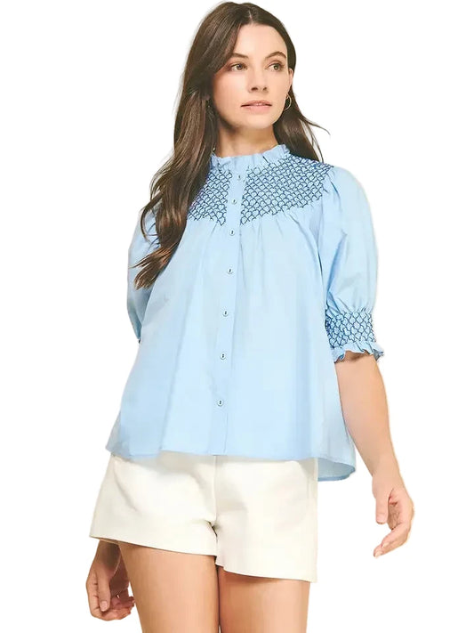 Puff Shoulder Button Down Top- Blue