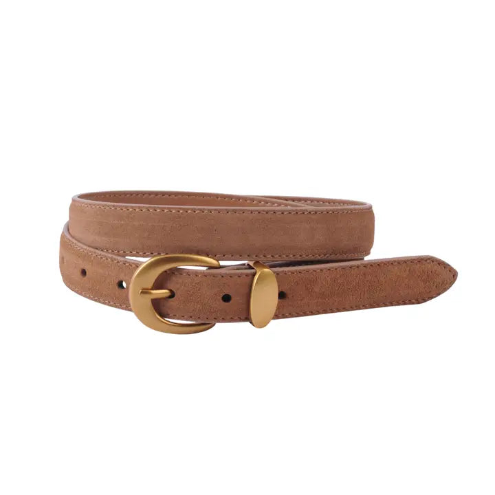 Suede Belt with Curved Gold Buckle- Camel