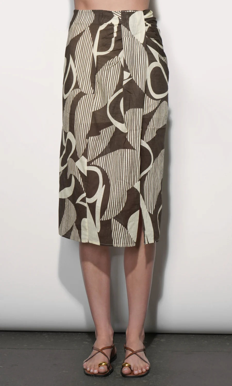 Iris Draped Midi Skirt- Ecru/Brown