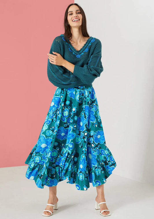 Dahlia Maxi Skirt- Teal Floral