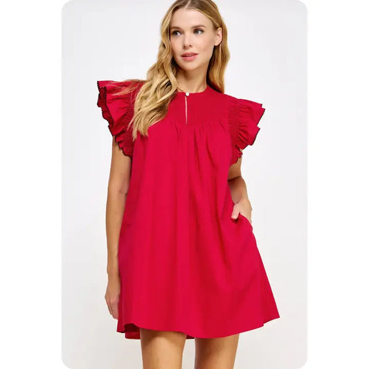 Ruffled Mini Dress- Cherry Red