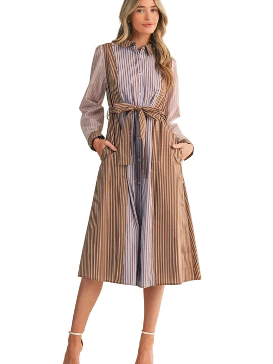 Striped Midi Dress with Belt- Cocoa Blue