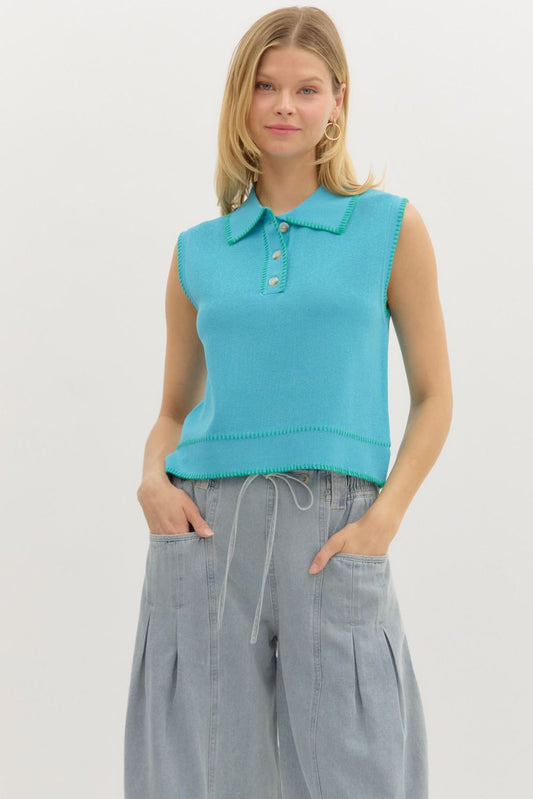 Whip Stitch Hem Polo Tank- Blue