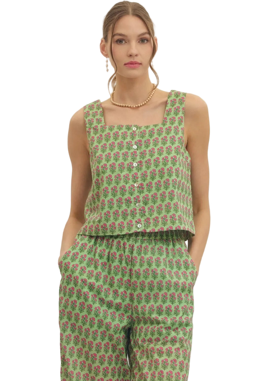 Botanical Button Down Tank- Green