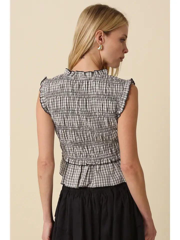 Gingham Lace Up Smocked Top- Black/White
