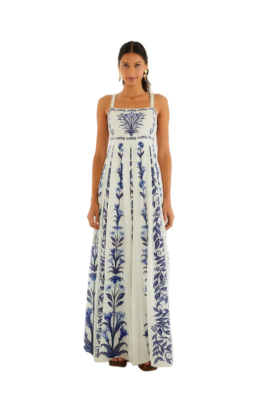 Flowers Arch Pleated Maxi Dress- Off White
