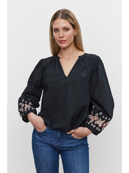 Paola Long Embroidered Sleeve- Black