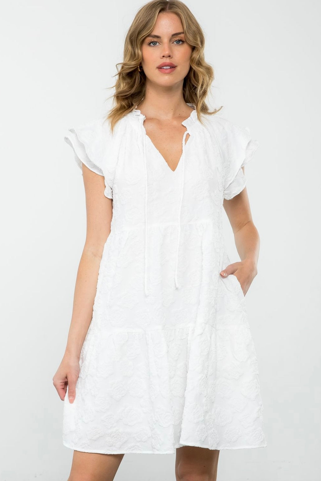 Flutter Sleeve Textured Dress- White