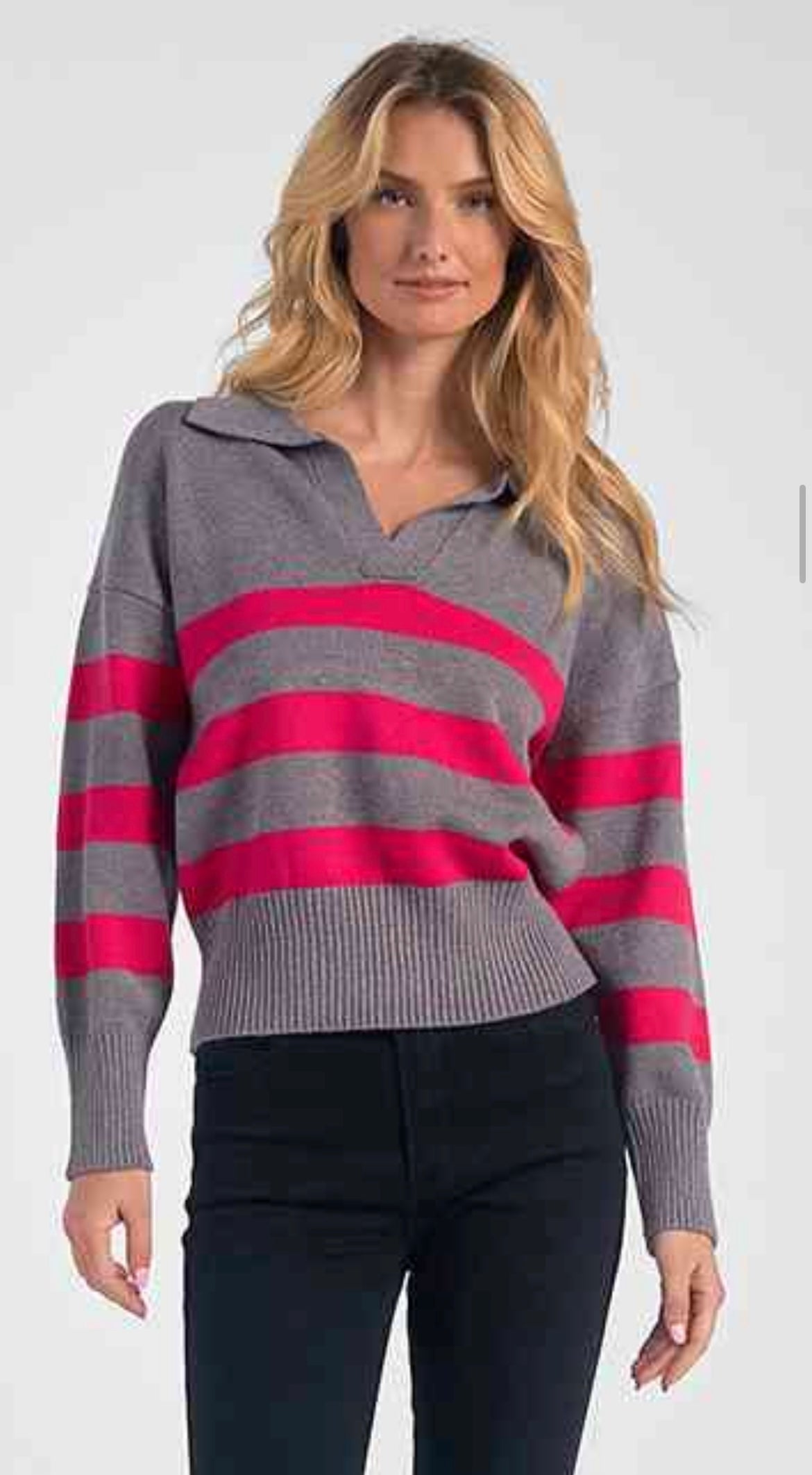 Striped Collared Sweater- Grey Fuchsia