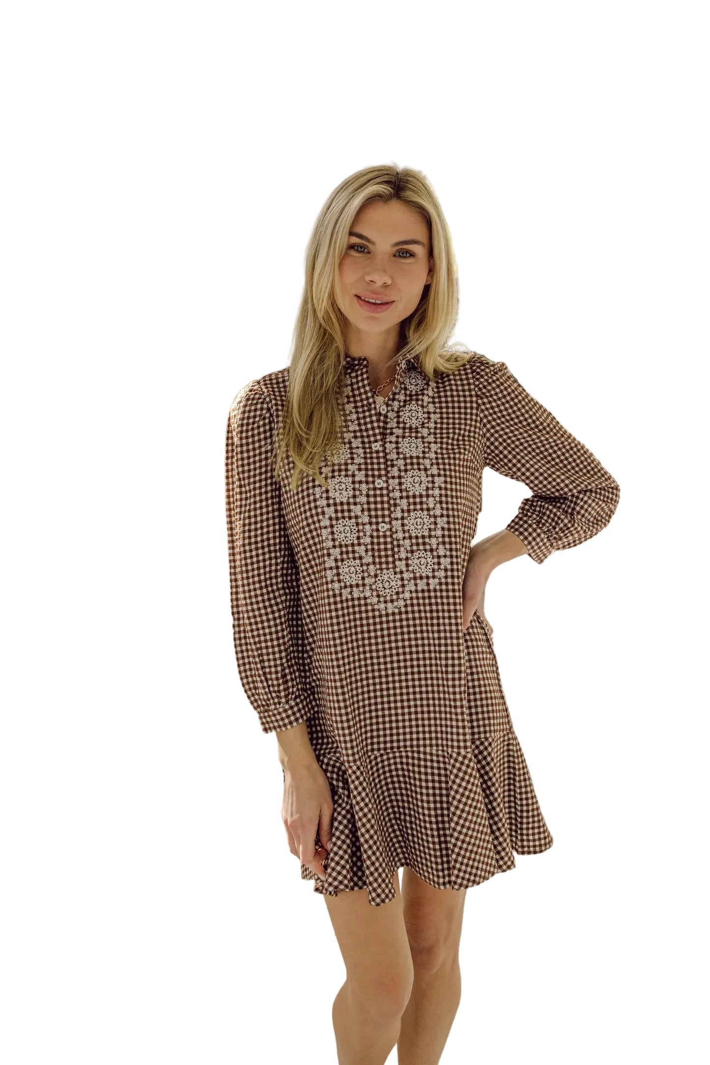 Ruffle Hem Shirt Dress- Brown/White