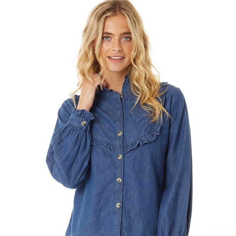 Chambray Frill Button Down Top
