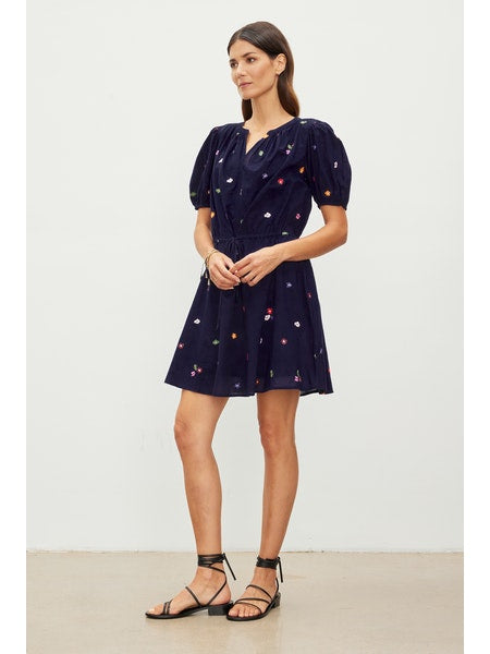 Cleo Embroidered Floral Dress- Navy