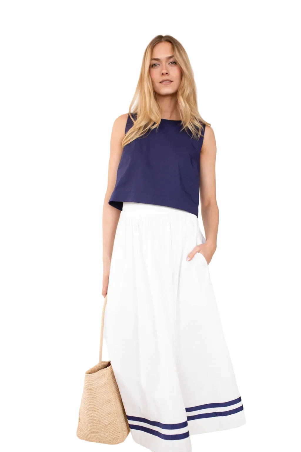 Charlotte Midi Skirt- White/Navy