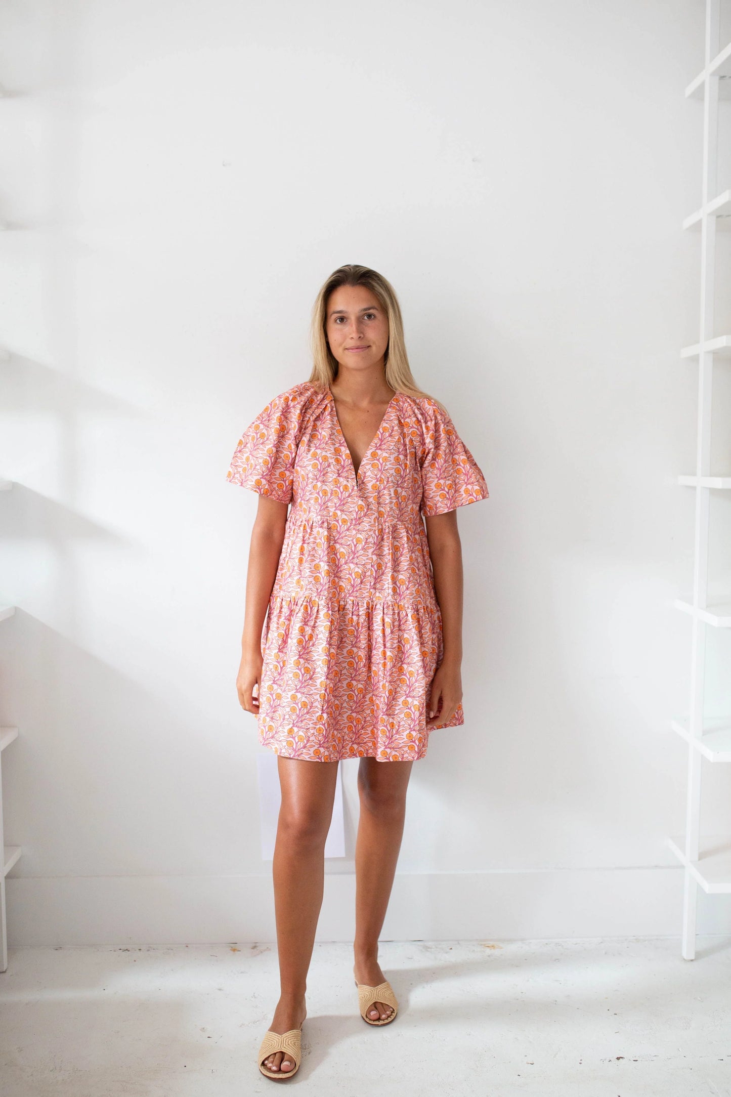 Poplin Short Sleeve Dress- Pink Multi