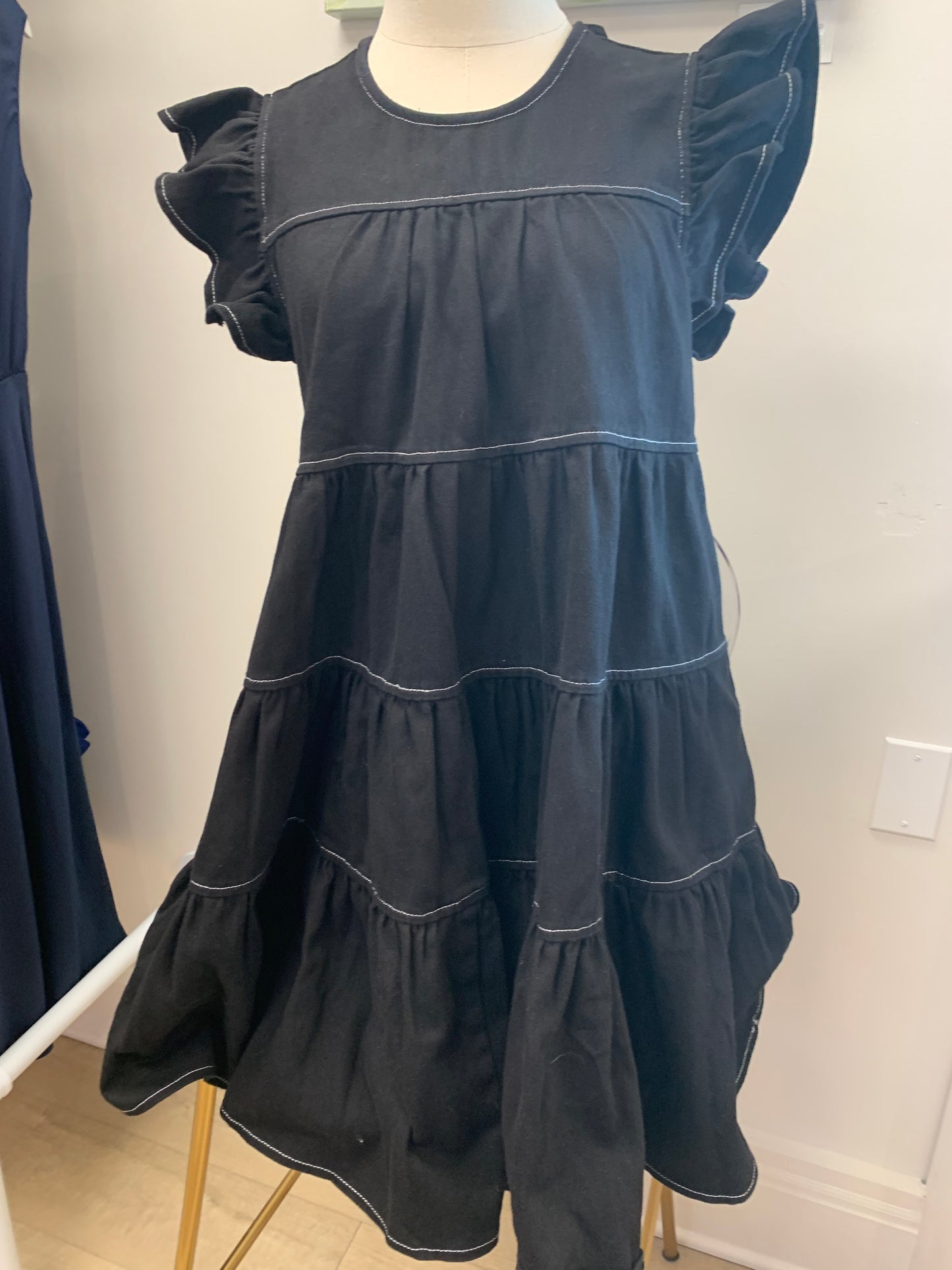 Denim Tiered Mini Dress- Black